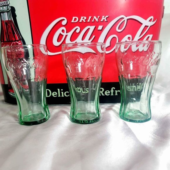 Vintage Set of 3 Libbey Mini Coca Cola Coke Glasses 4 3/8" Green Look 6.25 OZ - Picture 1 of 4